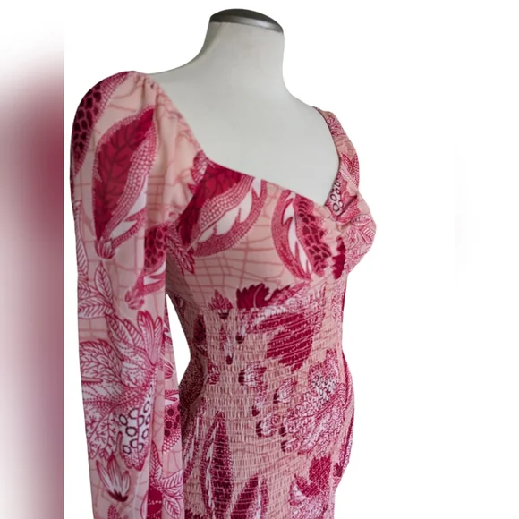 Guess Pink Floral Mini Dress XS Stretchy Open Neck Blouson Sleeves Y2K Prom - Picture 4 of 11